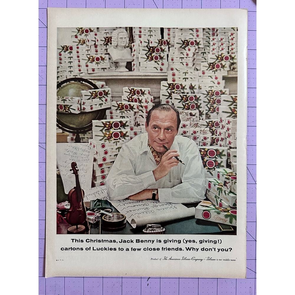 1958 LIFE Ad JACK BENNY Is Giving LUCKY STRIKE Cartons for Christmas Yes Giving!